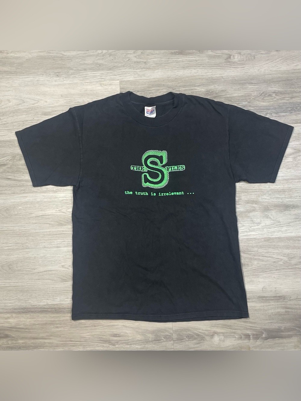 The S Files Seneca College 97-98 black Short-Sleeve Tee with Green Logo sz L